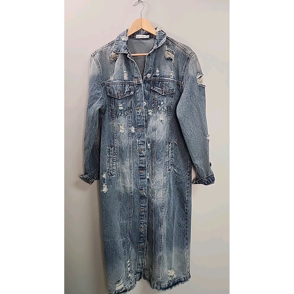 Carole Christian Distressed Denim Duster Jacket Button-up Grunge Rock Festival